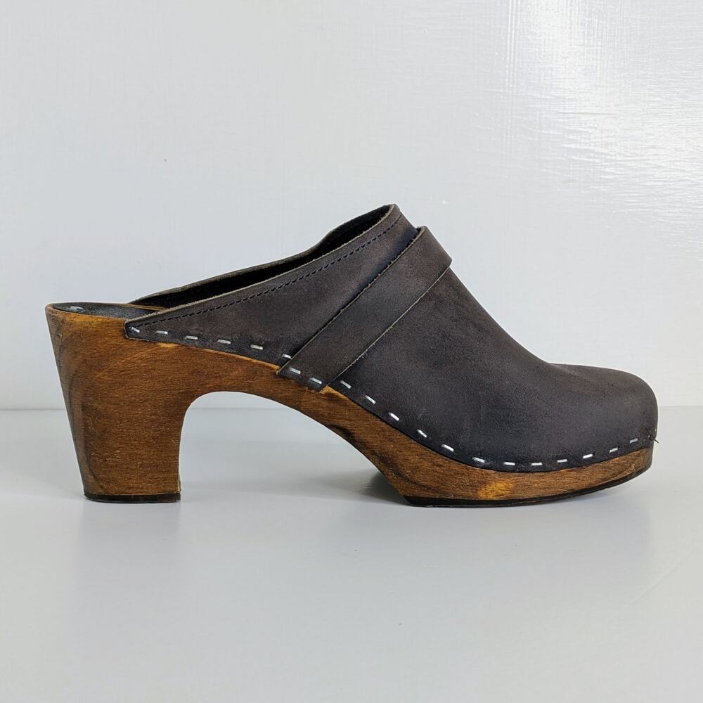 Sandgrens Maya Clogs 39 Brown Nubuck Leather 3" Heel Swedish Wood Base Runs 8.5 - Picture 10 of 16